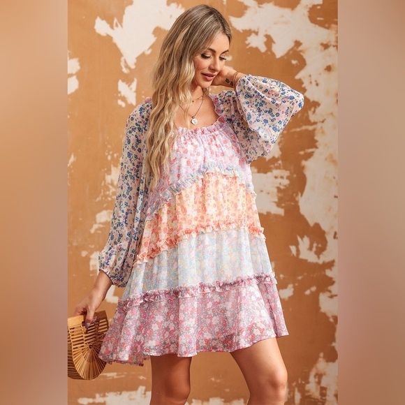 Floral Color Block Frill Trim Dress - Picture 3 of 5